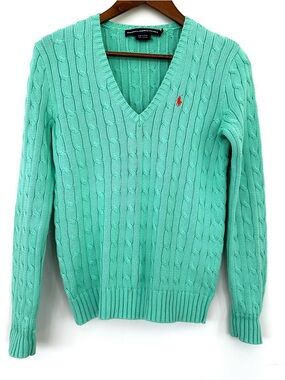 Ralph Lauren Polo Mint Green Cable Knit V-Neck Sweater